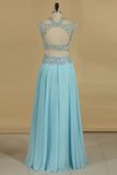 2024 A Line Prom Dresses Two Pieces Scoop Beaded Bodice Chiffon Sweep Train PEGKNKXX