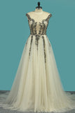 2024 Tulle Prom Dresses A Line Bateau Cap Sleeve With PEHCFS7P