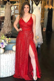 Sparkly V Neck A Line Red Spaghetti Straps Prom Dresses with Slit, Evening STK20447