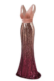 Sexy Sequins Mermaid V Neck Burgundy Velvet Long Prom Dresses Backless Evening Dress STK15352