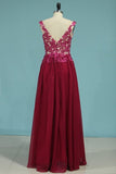 2024 Prom Dresses V Neck 30D Chiffon With Applique Sweep PSSLT5BM