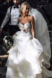 Charming Ball Gown Sweetheart Strapless 3D Flowers Tulle Off White Wedding Dresses STK15095