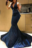 Sexy Mermaid Deep V Neck Velvet Dark Navy Long Prom Dresses, Sparkly Evening Dresses STK15529