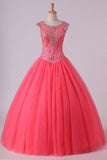 2024 Open Back Quinceanera Dresses Scoop With Embroidery & Beading Floor PFQD4KE8