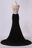 2024 Bateau Prom Dresses Sheath/Column Spandex With Beads Sweep PFC8QHMH