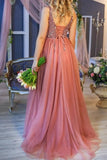 Princess A line V Neck Tulle Beads Sequins Prom Dresses with Lace up, Dance STK20429