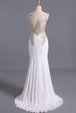 2024 Hot Prom Dresses Scoop Mermaid Sweep/Brush Spandex With Applique PSB39FE7