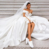 Ball Gown Off the Shoulder White Satin Wedding Dresses, Simple Cheap Wedding Gowns STK15065