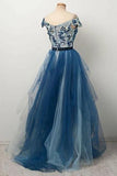 Blue Off the Shoulder Tulle V neck Cap Sleeve Beads Prom Dresses with Applique STK15080