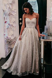 Sparkly Sweetheart Silver Long Prom Dresses Sequins Beads Formal Dresses STK15432