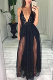 Sexy Black Sequins And Tulle Spaghetti Straps Deep V Neck Simple Floor Length Prom STKPBMGFG1D