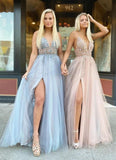 Gorgeous A Line Spaghetti Straps V Neck Beads Prom Dresses with STK20420