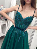 Charming A Line Green Tulle Spaghetti Straps Beading Prom Dresses V Neck Evening Dresses STK15502