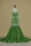 2024 Prom Dresses Spaghetti Straps Satin With Applique And Beads P47FKFR8