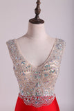 2024 V Neck Beaded Bodice Open Back Prom Dresses Column Spandex PR9M76A4