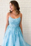 Unique A-Line Sky Blue Tulle Appliques Beads Scoop Prom Dresses with Lace STK20453