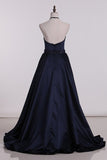 2024 Satin Prom Dresses Halter A Line Beaded PGSYRQCN