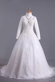 2024 Muslim Wedding Dress Sweetheart A Line Court Train With Applique & Sash PLC2TLGM