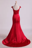 2024 Mermaid Prom Dresses Scoop Satin & Tulle Burgundy/Maroon With Beading Sweep PLREZ1Z6