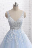 Princess Light Blue Long Ball Gown Lace Tulle Prom Dresses, V Neck Formal Dresses STK15297