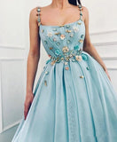 Elegant A Line Spaghetti Straps Tulle Scoop Prom Dresses with Appliques, Formal Dresses STK15512