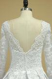 A Line Long Sleeves White Lace Appliques Satin Beads Open Back Wedding Dresses