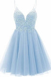 A-line Straps Appliques Tulle Short Homecoming Dress