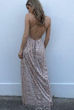 Sexy A-Line Spaghetti Straps Criss-Cross Pearl Pink Lace V Neck Prom Dress With Slit