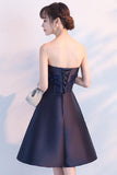 Navy Blue Beads Appliques Strapless A-Line Lace up Homecoming Dress Graduation Dress