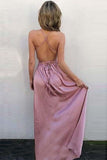 A-Line V Neck Criss Cross Back Blush Pink Satin Floor Length Prom Dresses with Split