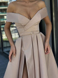 A Line Off the Shoulder V Neck Satin Prom Dresses with High Split Party Dresses