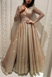 Long Sleeve A Line V Neck Gold Sequins Long Floor Length Prom Dresses