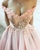 A line Off the Shoulder Sweetheart Hand Made Flowers Prom Dresses with Pockets