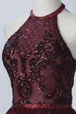 Burgundy Halter Sleeveless A Line Lace Tulle Short Homecoming Dresses