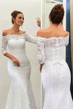 Mermaid Off-the-Shoulder Lace Sweep Train 3/4 Sleeve Top Lace-up Wedding Dresses