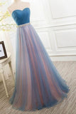 Elegant Tulle Long Vintage Sleeveless Sweetheart Strapless Blue Lace-up Prom Dresses