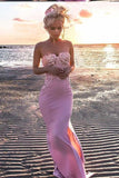 Sexy Mermaid Sweetheart Pink Strapless Satin Sleeveless Prom Dress with Applique Split