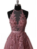 A Line Halter Lace Appliqued See-through Long Beads Lace up Tulle Backless Prom Dresses