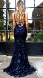 Mermaid Deep V Neck Royal Blue Lace Appliques Backless Spaghetti Straps Prom Dresses