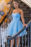 Light Blue Strapless A Line Lace up Short Homecoming Dresses