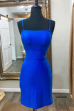 Blue Sexy Spaghetti Straps Tight Straight Short Prom Dresses, Homecoming Dresses