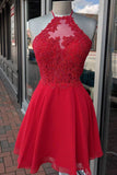 Halter Red Chiffon Appliques Beading Short Homecoming Dresses