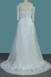 A Line White Off the Shoulder Half Sleeves Lace Appliques Tulle Wedding Dresses