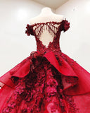 Chic Ball Gown V Neck Beads Appliques Red Off-the-Shoulder Long Prom Dresses