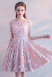 A-Line Elegant Round Neck Short Sleeves Party Dresses, Short Homecoming Dresses