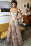 Elegant A Line Brown One Shoulder Tulle Shinning Side Split Long Prom Dresses