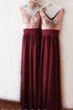 Dark Burgundy V Neck Chiffon Bridesmaid Dresses with Sequin V Back Prom Dresses