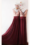 Dark Burgundy V Neck Chiffon Bridesmaid Dresses with Sequin V Back Prom Dresses