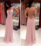 Pink Long Chiffon See Through Sexy V-Neck Sleeveless A-Line Yarn Prom Dresses