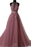 A Line Halter Lace Appliqued See-through Long Beads Lace up Tulle Backless Prom Dresses